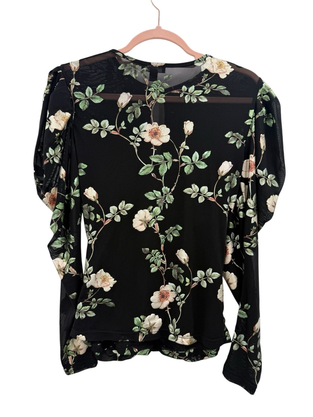 Black Floral Ruched Mesh Top Keyhole Puff Sleeve Romantic Cottagecore Feminine - Picture 6 of 15